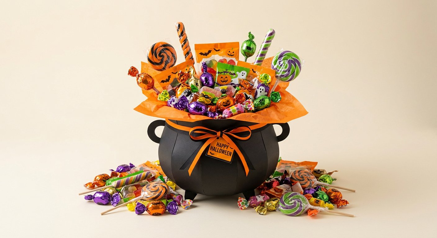 Cauldron box full of Halloween candy