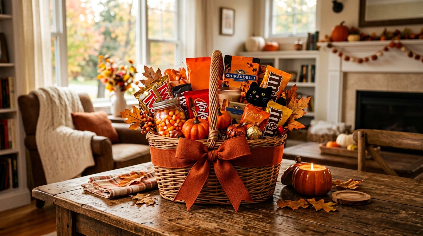 Halloween gift basket with candy, chocolate, pumpkins and autumn leaves on a wooden table