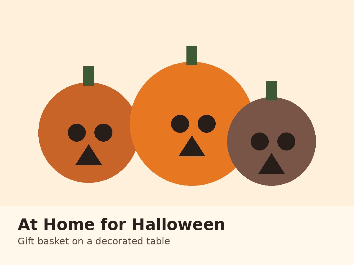 Illustrated autumn home scene with a Halloween gift basket on a table